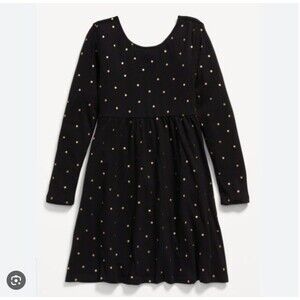 Old Navy Girls XL Polka Dot Fit & Flare Skater Dress Black Gold Long Sleeve